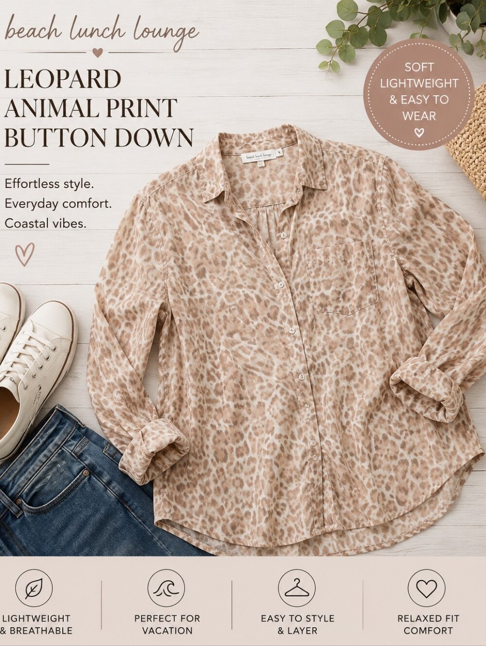 BEACH LUNCH LOUNGE LEOPARD ANIMAL PRINT BUTTON‎ DOWN